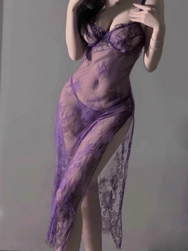 Hot and Sexy Nighties Purple Lace Set with Elegant Side-Slit Cheongsam Styling - Image 7