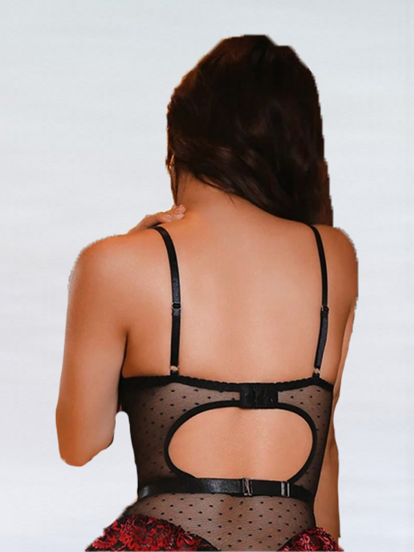 Teddy with Garter in Black Lace with Red Floral Bust Accents Details - Image 2