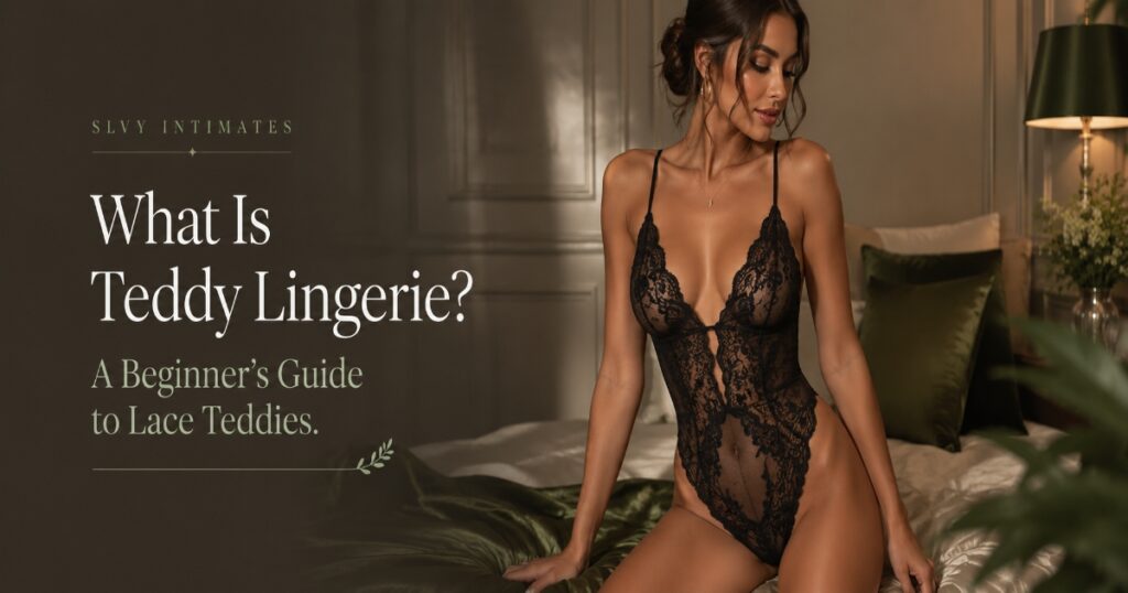 Woman wearing elegant black lace teddy lingerie with adjustable straps