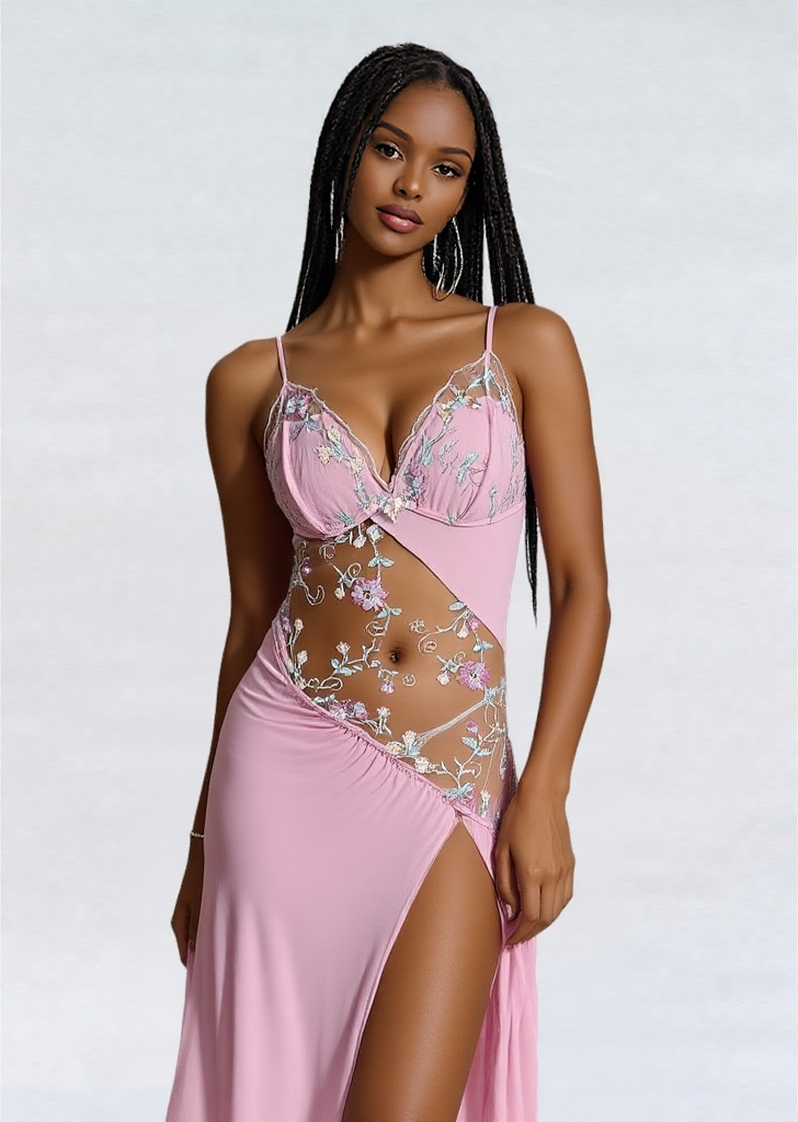 Sexy Long Nightgown Pink Lace Cutout Sleepwear - Image 2