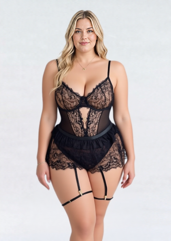 Y69 black see through teddy with attached garters