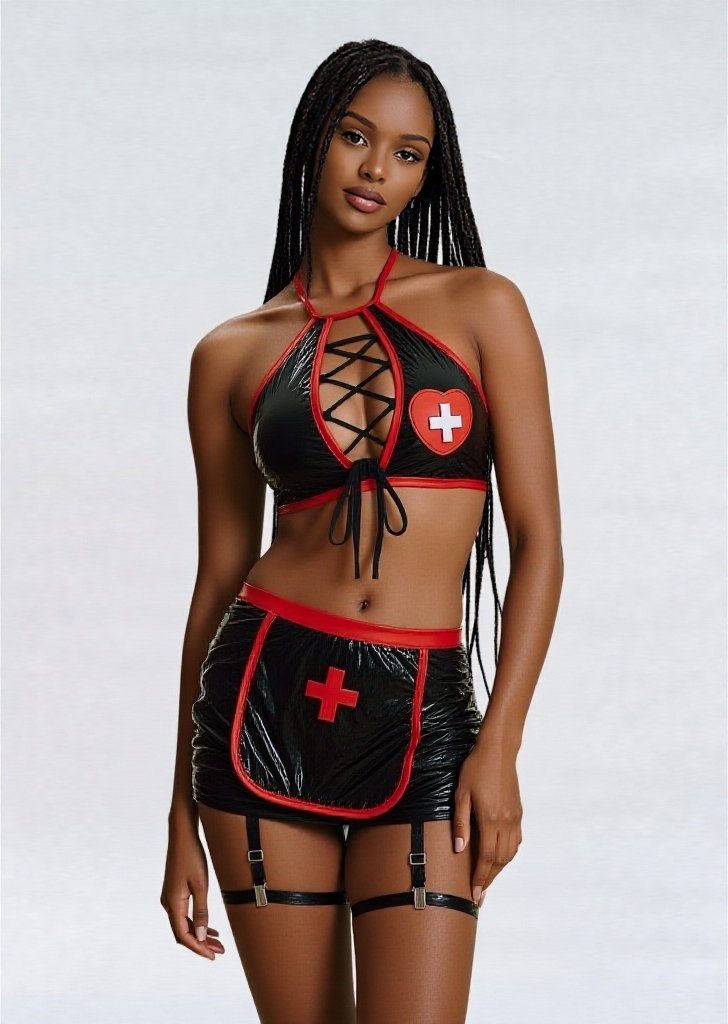 Black and Red Nurse Outfit with Nurse Hat